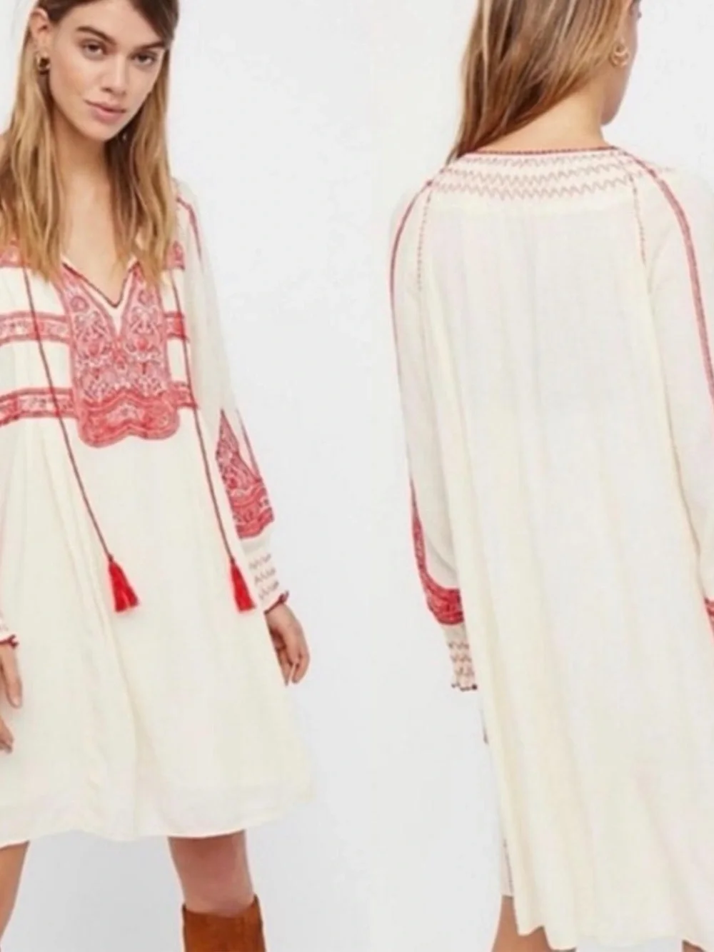 Free People Cream Boho Mini Dress with Red Embroidery